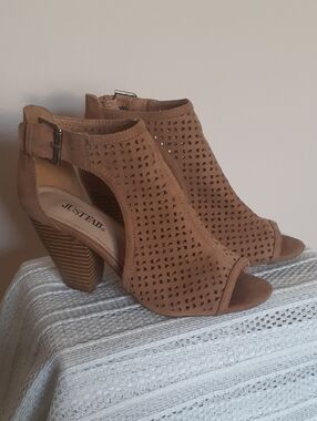 JustFab Tan Perforated Open-Toe Block Heel Sandals